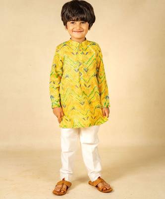 Boys moonga foil yellow zig zag red cotton ethnic kurta with white pant (set of 2) 1