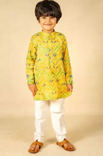 Boys moonga foil yellow zig zag red cotton ethnic kurta with white pant (set of 2)