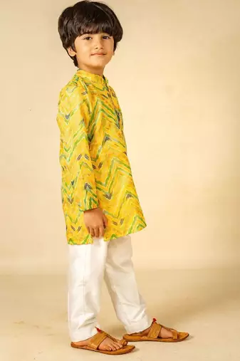 Boys moonga foil yellow zig zag red cotton ethnic kurta with white pant (set of 2)