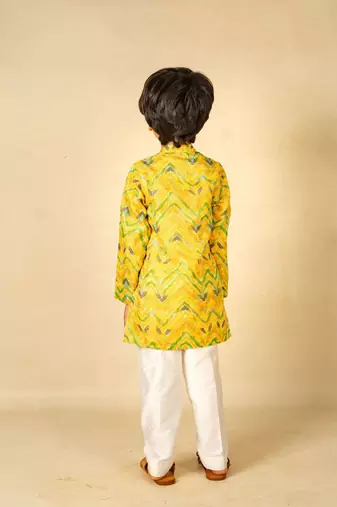 Boys moonga foil yellow zig zag red cotton ethnic kurta with white pant (set of 2)