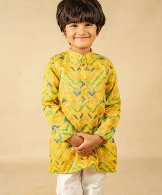 Boys moonga foil yellow zig zag red cotton ethnic kurta with white pant (set of 2) 5