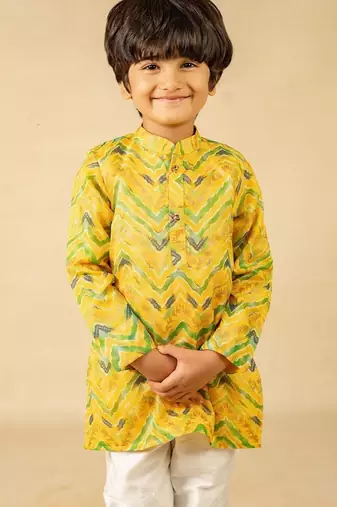 Boys moonga foil yellow zig zag red cotton ethnic kurta with white pant (set of 2)