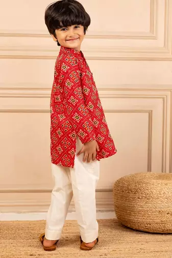 Boys digital patola print ethnic kurta with white pant (set of 2)