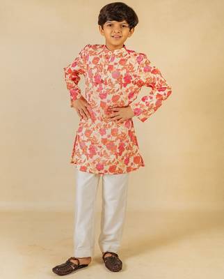 Boys digital floral print ethnic kurta with white pant (set of 2) 1