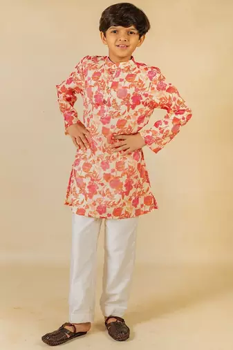 Boys digital floral print ethnic kurta with white pant (set of 2)