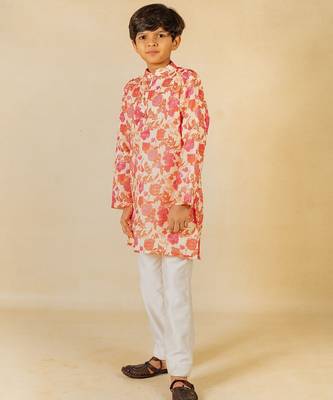 Boys digital floral print ethnic kurta with white pant (set of 2) 2