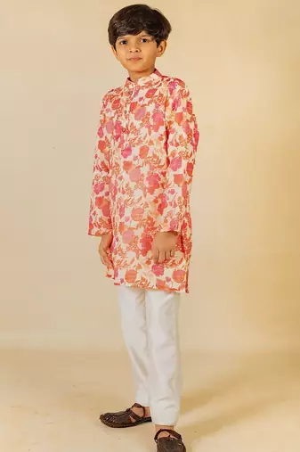 Boys digital floral print ethnic kurta with white pant (set of 2)