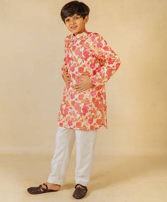 Boys digital floral print ethnic kurta with white pant (set of 2) 4