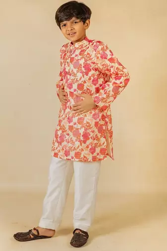 Boys digital floral print ethnic kurta with white pant (set of 2)