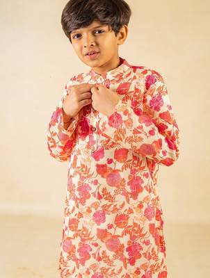Boys digital floral print ethnic kurta with white pant (set of 2) 5