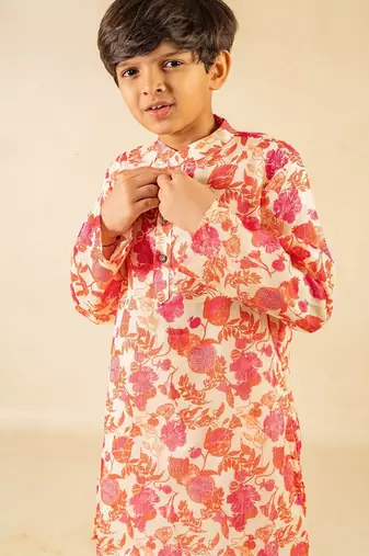 Boys digital floral print ethnic kurta with white pant (set of 2)