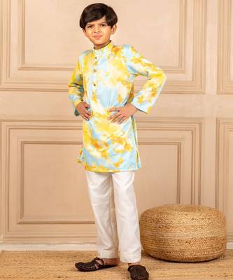 Boys digital printed modal satin kurta with white pant (set of 2) 1
