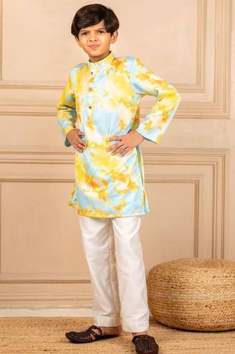Boys digital printed modal satin kurta with white pant (set of 2)