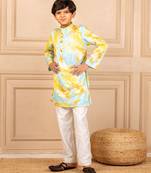 Boys digital printed modal satin kurta with white pant (set of 2)