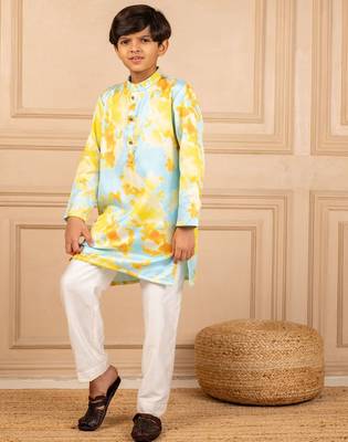 Boys digital printed modal satin kurta with white pant (set of 2) 2