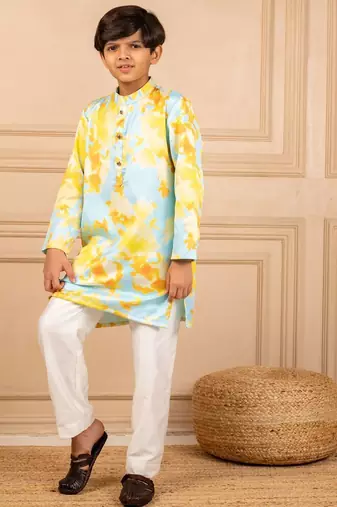 Boys digital printed modal satin kurta with white pant (set of 2)