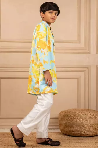Boys digital printed modal satin kurta with white pant (set of 2)
