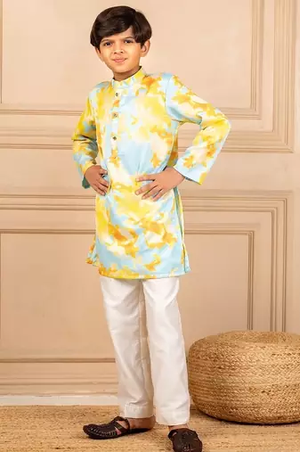 Boys digital printed modal satin kurta with white pant (set of 2)