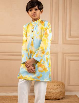 Boys digital printed modal satin kurta with white pant (set of 2) 5