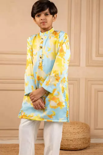 Boys digital printed modal satin kurta with white pant (set of 2)