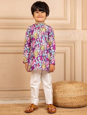 Boys purple floral digital printed kurta with white pant (set of 2) 1