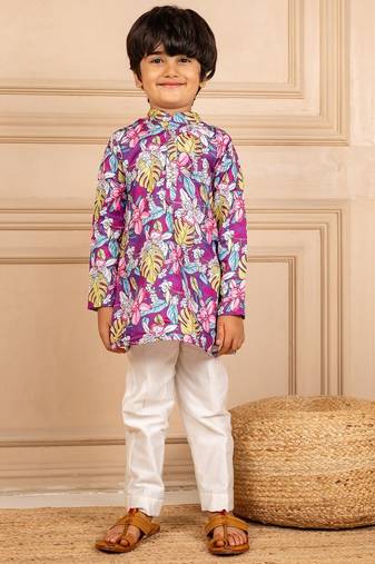 Boys purple floral digital printed kurta with white pant (set of 2)
