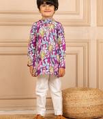 Boys purple floral digital printed kurta with white pant (set of 2)