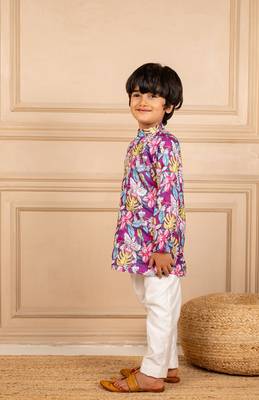 Boys purple floral digital printed kurta with white pant (set of 2) 2