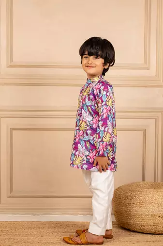 Boys purple floral digital printed kurta with white pant (set of 2)