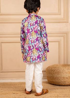 Boys purple floral digital printed kurta with white pant (set of 2) 3