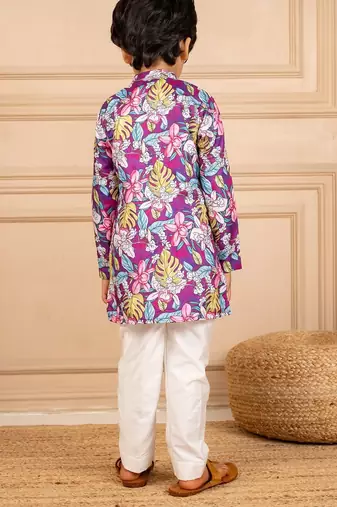 Boys purple floral digital printed kurta with white pant (set of 2)