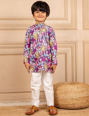Boys purple floral digital printed kurta with white pant (set of 2) 4