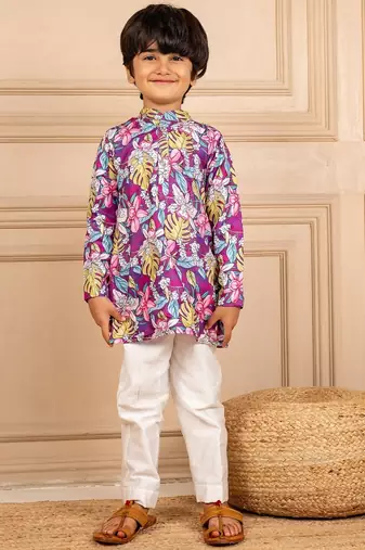 Boys purple floral digital printed kurta with white pant (set of 2)