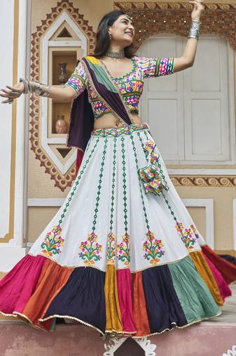 Eilara White Embroidered Mirror Work Rayon Navratri Lehenga Choli