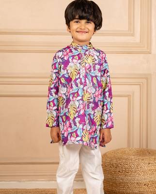 Boys purple floral digital printed kurta with white pant (set of 2) 5