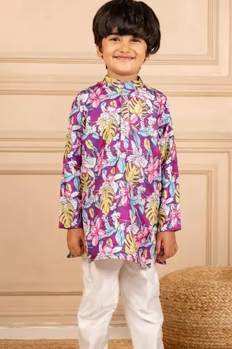 Boys purple floral digital printed kurta with white pant (set of 2)