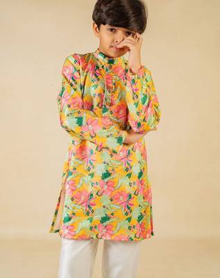 Boys yellow floral digital printed kurta with white pant (set of 2) 1