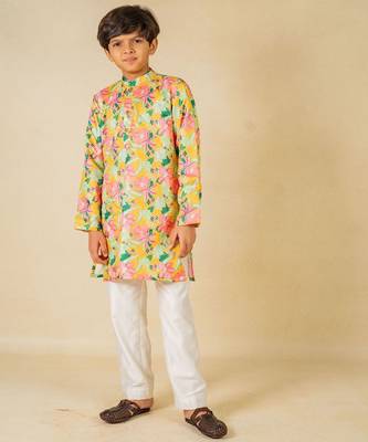 Boys yellow floral digital printed kurta with white pant (set of 2) 2