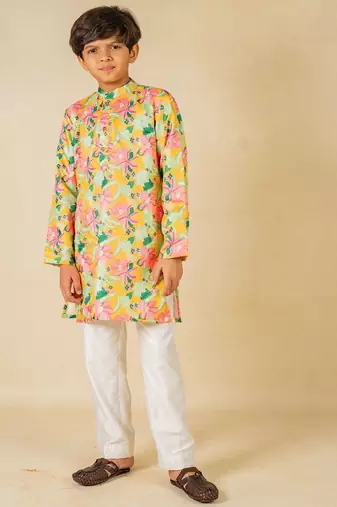 Boys yellow floral digital printed kurta with white pant (set of 2)