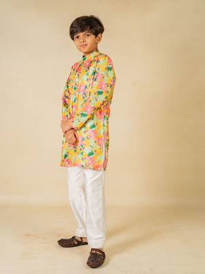 Boys yellow floral digital printed kurta with white pant (set of 2) 3