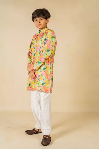 Boys yellow floral digital printed kurta with white pant (set of 2)
