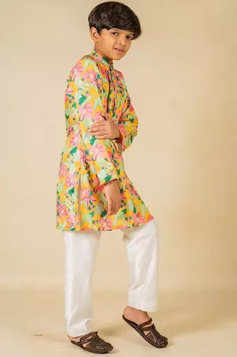 Boys yellow floral digital printed kurta with white pant (set of 2)