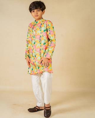 Boys yellow floral digital printed kurta with white pant (set of 2) 5