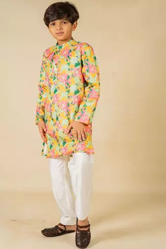 Boys yellow floral digital printed kurta with white pant (set of 2)