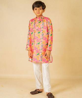 Boys light pink floral digital printed kurta with white pant (set of 2) 1