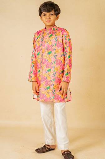 Boys light pink floral digital printed kurta with white pant (set of 2)
