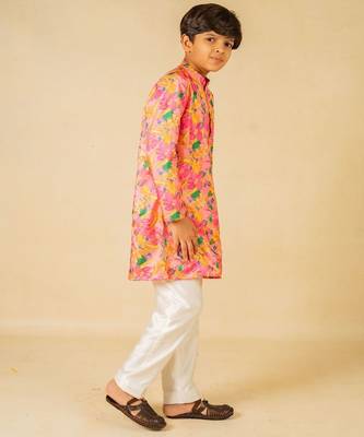 Boys light pink floral digital printed kurta with white pant (set of 2) 2
