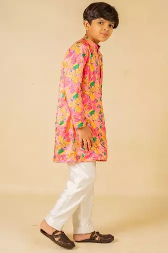 Boys light pink floral digital printed kurta with white pant (set of 2)