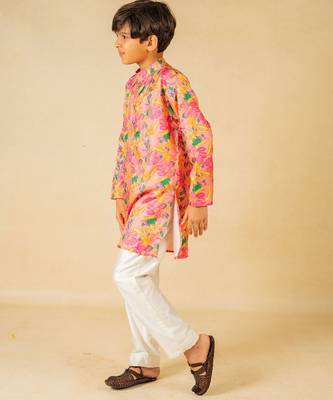Boys light pink floral digital printed kurta with white pant (set of 2) 3