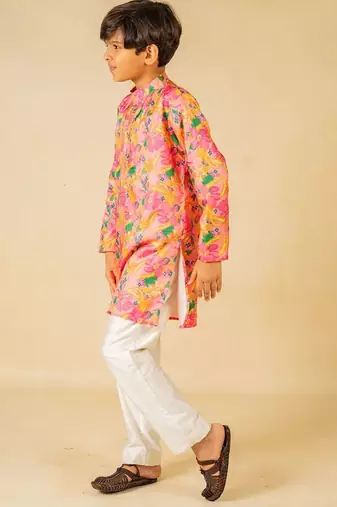 Boys light pink floral digital printed kurta with white pant (set of 2)